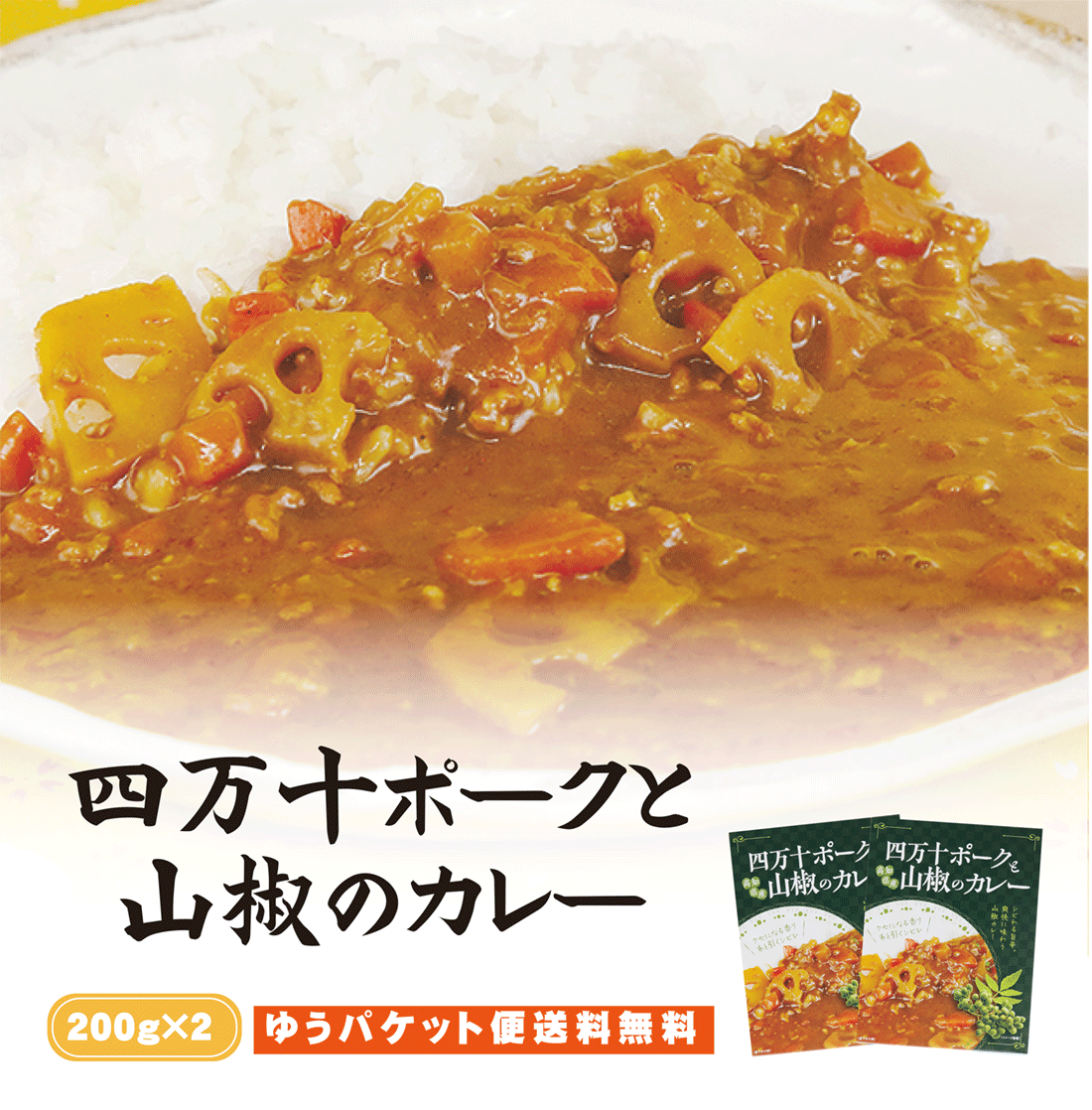 ゆうパケット送料無料】四万十ポークと山椒のカレー　200g×2袋セット